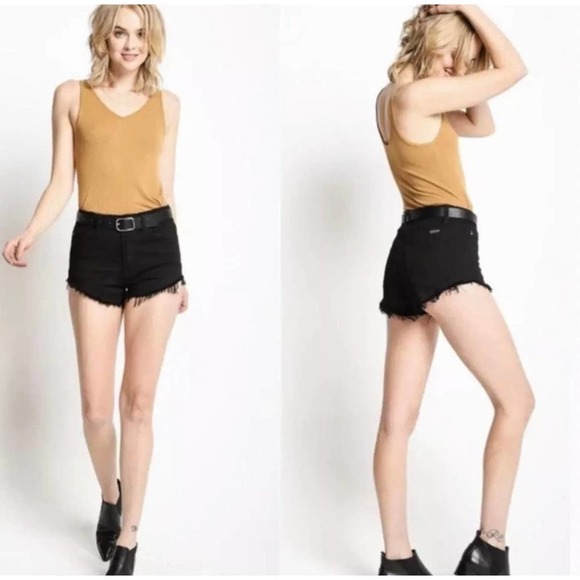 Kancan Black Cut Off Fringe Raw Hem Jean Denim Shorts Style KC6033BK Size 9/28 - Picture 1 of 8